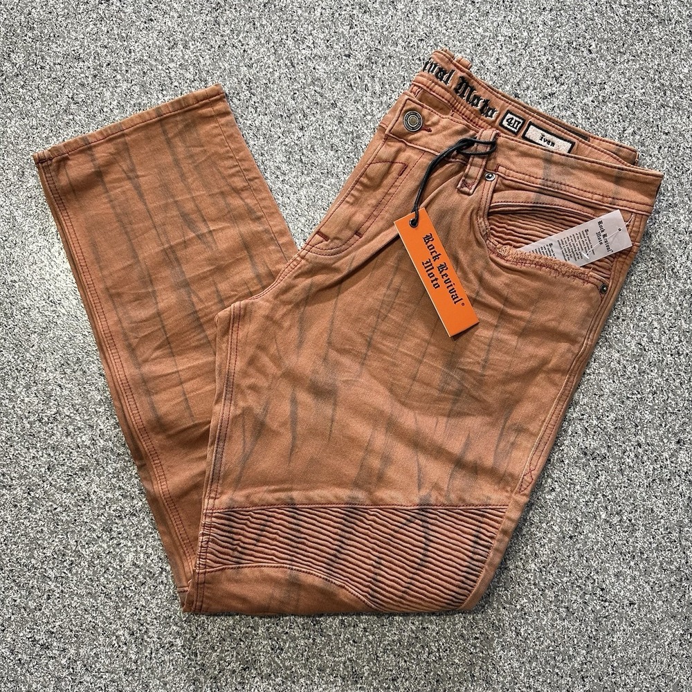 Rock Revival Moto Jeans Mens 40x32 Ivan Slim Straight Orange Biker Whiskers